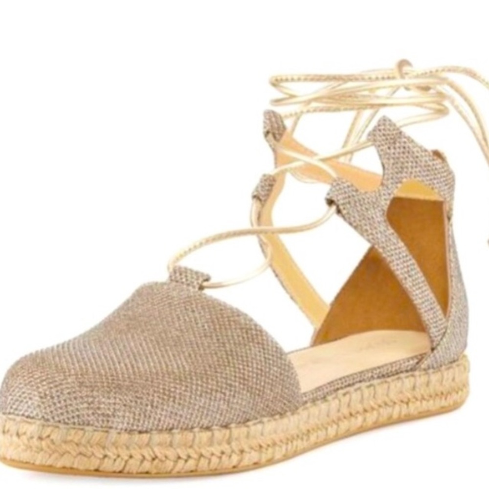 Stuart Weitzman Walk My Way Gold Espadrilles Sandals Size 7.5 NWOB